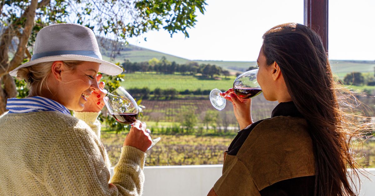 Two ladies drinking wine, overlooking the vineyards - durbanville accommodation self catering