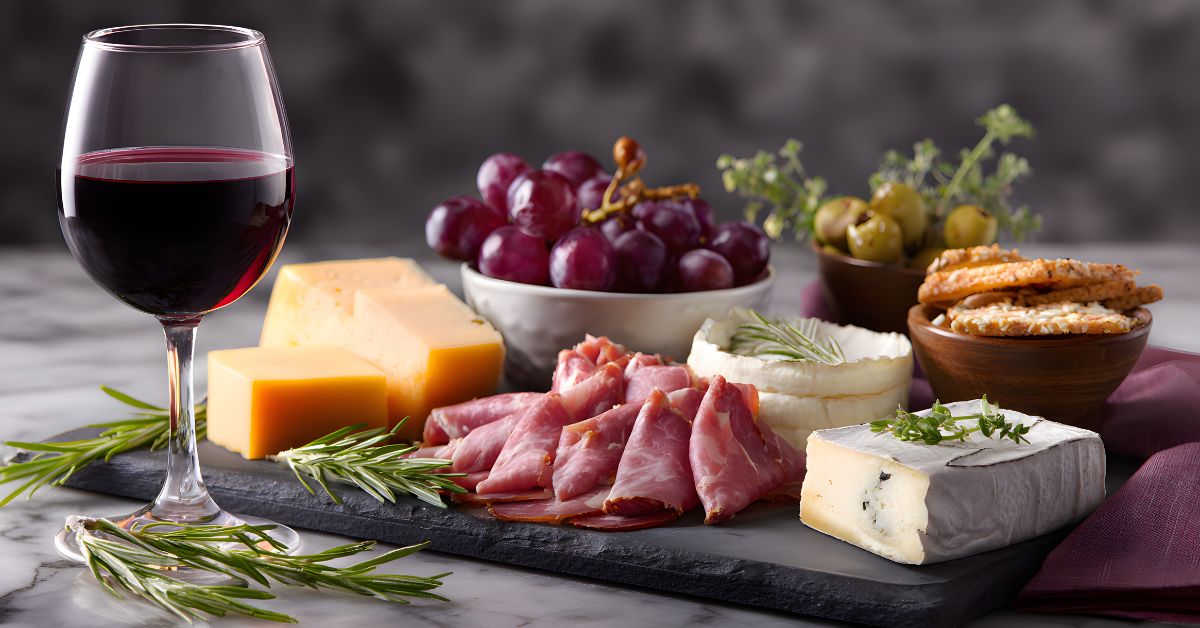 a glass of red wine with a charcuterie and cheese board