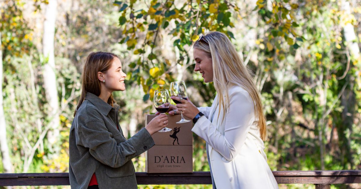 Wine club south africa - Two ladies drinking a glass of red wine on a deck with a box of D'Aria Wine.