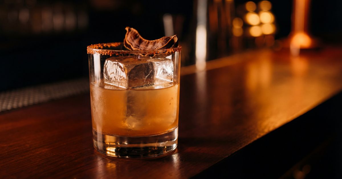 A cocktail on a bar counter with warm soft lighting
