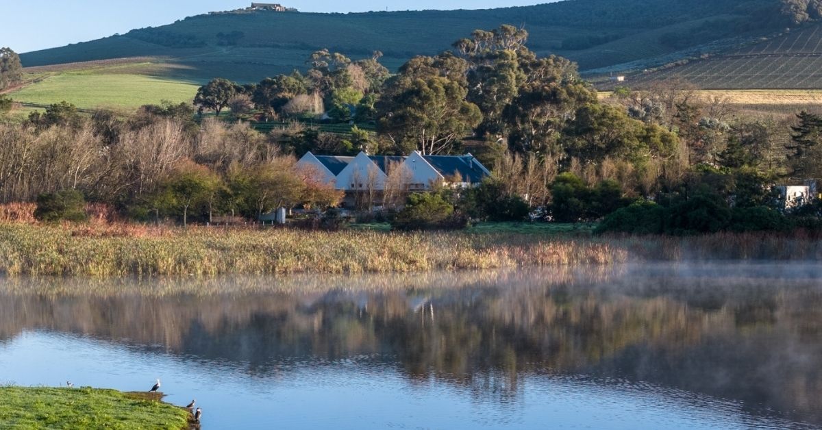 Close up of a dam with D'Aria Venue and Durbanville mountains in the background